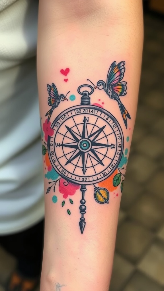 A whimsical compass tattoo featuring colorful hummingbirds and vibrant paint splashes.
