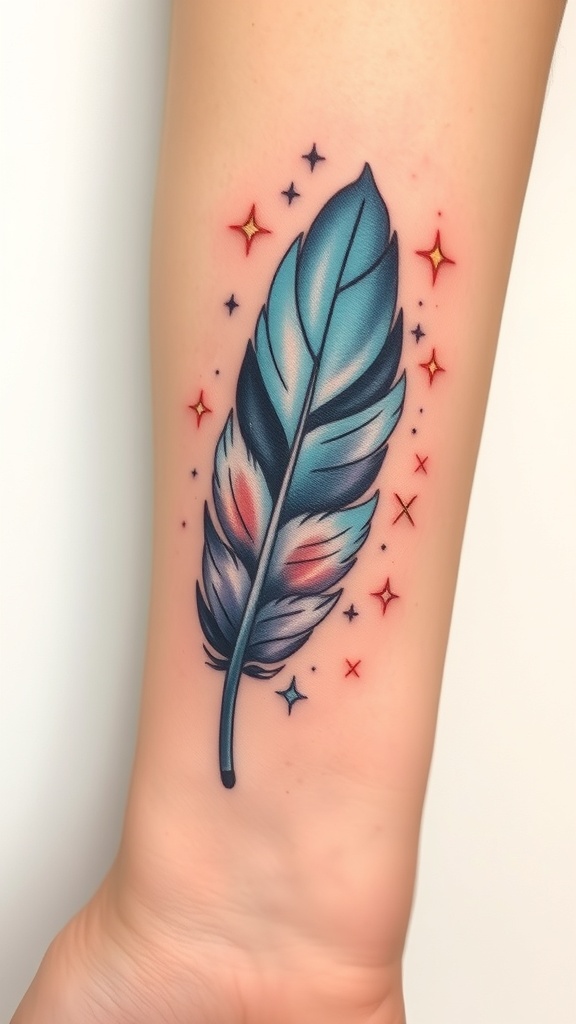 A colorful feather tattoo with stars