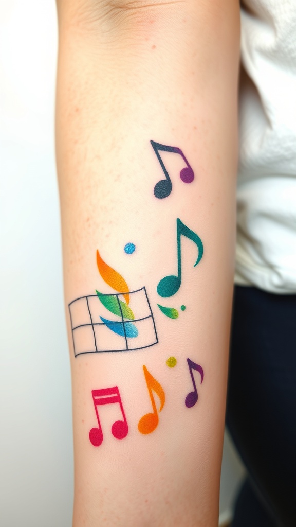 Colorful watercolor music note tattoo design on an arm.