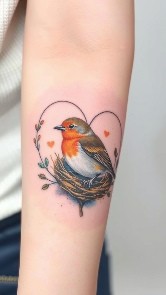 A watercolor tattoo of a robin in a nest, shaped like a heart, with leaves and small hearts around it.
