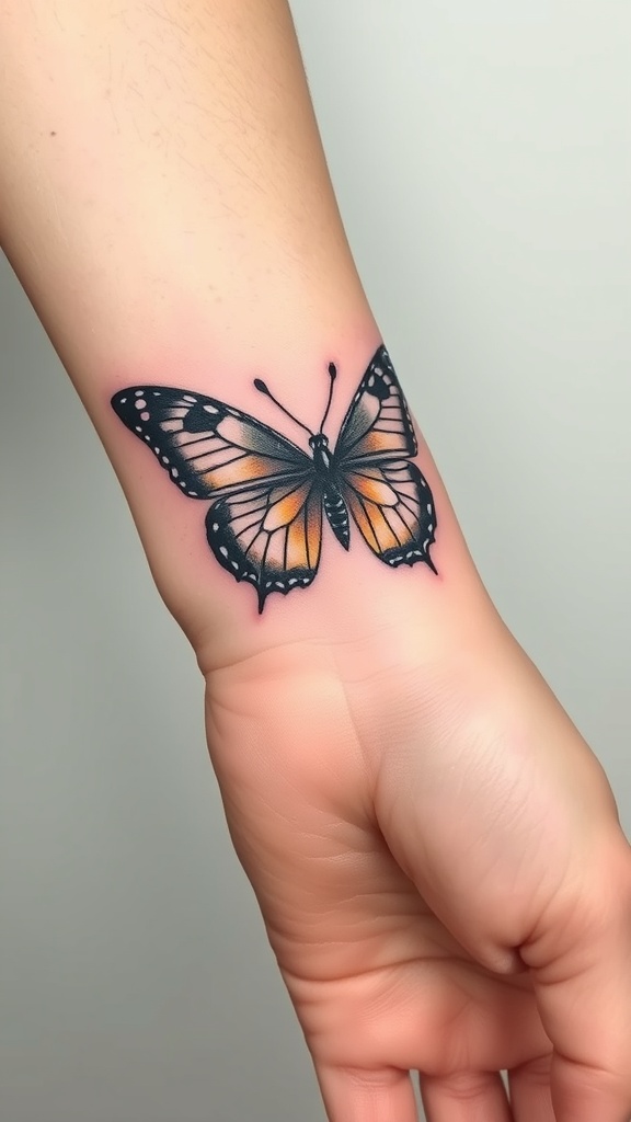 A whimsical swallowtail butterfly tattoo on a person's wrist.