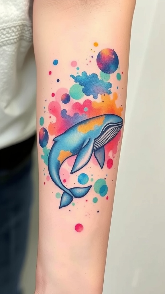 A colorful whale tattoo swimming through a galaxy of vibrant splashes and circles.