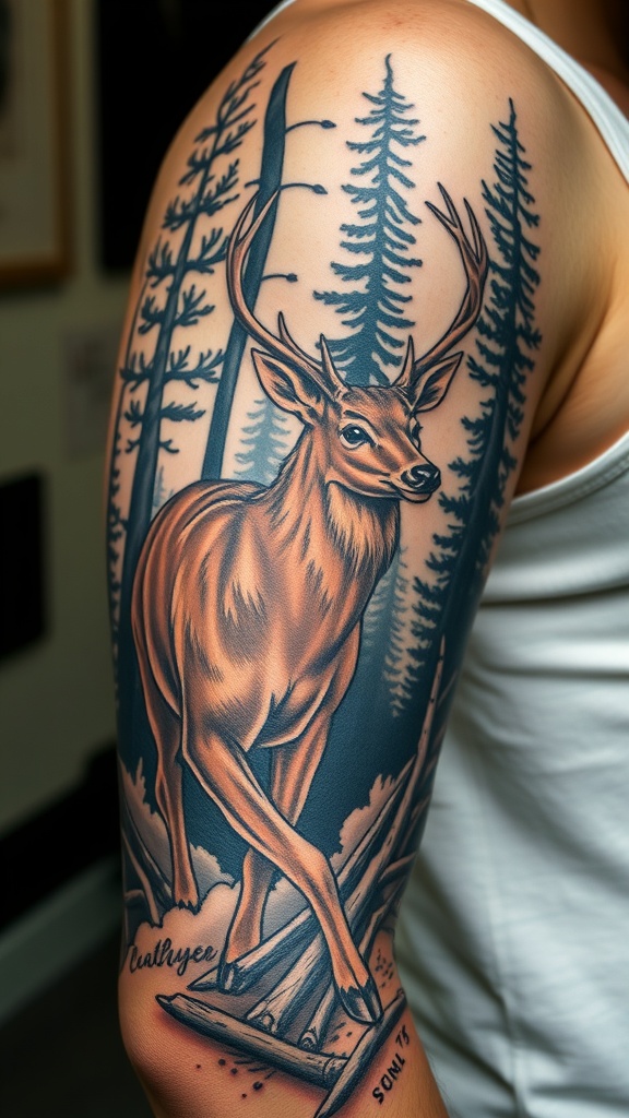 A hyper-realistic tattoo of a deer in a forest setting on a person's arm.