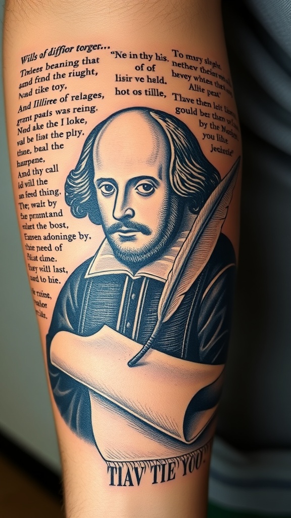 Tattoo of William Shakespeare with text from his works.