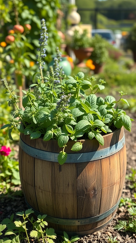 A wooden wine barrel planter filled with lush green herbs in a garden setting.