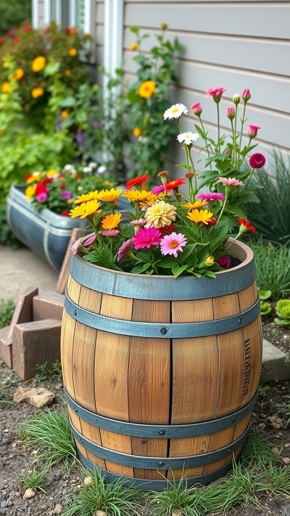 A wine barrel planter filled with colorful flowers, showcasing a rustic gardening idea.