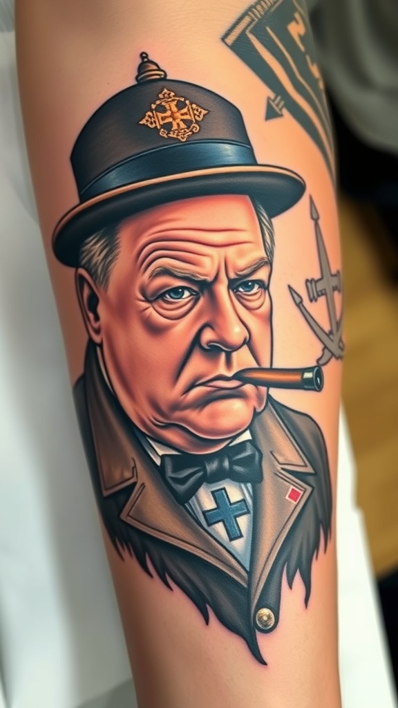 Tattoo of Winston Churchill in a military uniform with a pipe.
