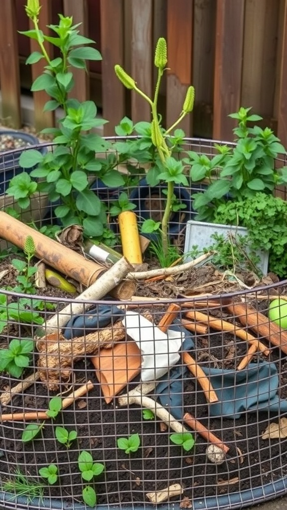 A wire mesh compost bin filled with organic materials and plants growing around it.