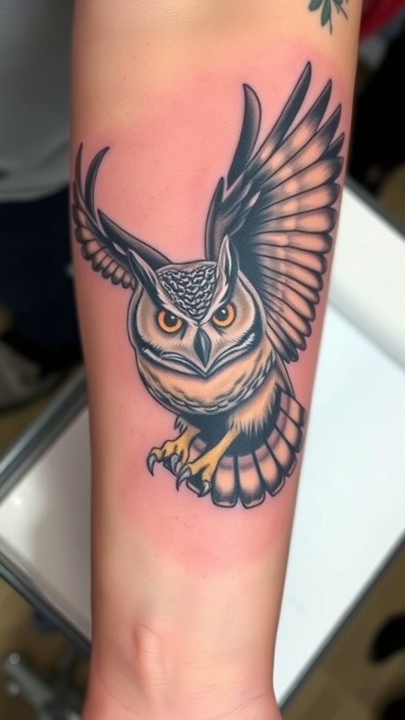 A detailed tattoo of an owl in flight, showcasing its wings and fierce expression.