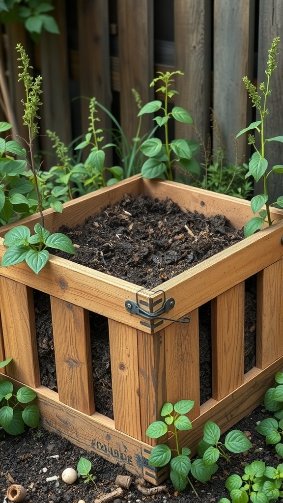 A wooden crate compost bin filled with compost and surrounded by green plants.