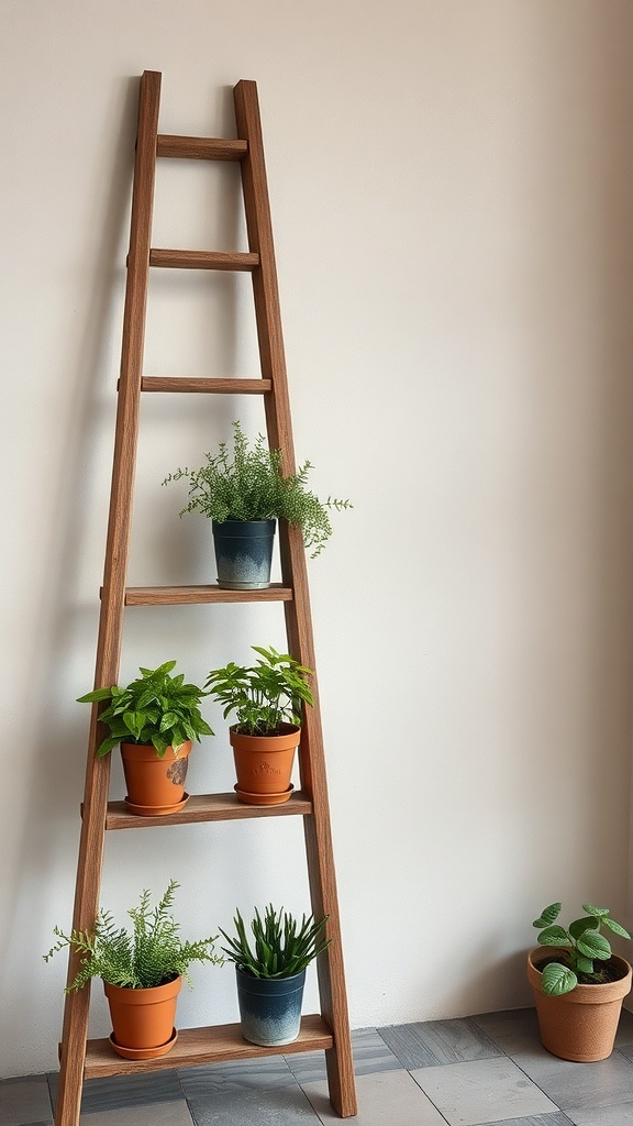 A wooden ladder with potted herbs on each step, showcasing a unique planter design.