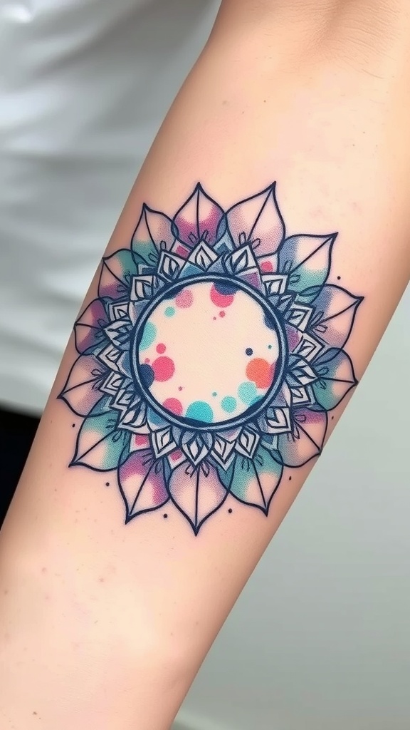 A colorful watercolor Zen Circle Mandala tattoo on the forearm.