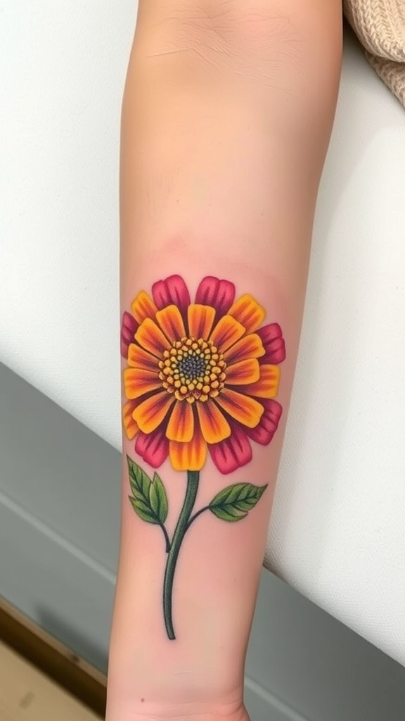 A vibrant zinnia flower tattoo on a person's forearm.