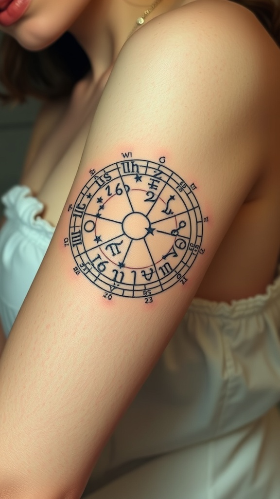 A close-up of a zodiac constellation map tattoo on a person's arm.