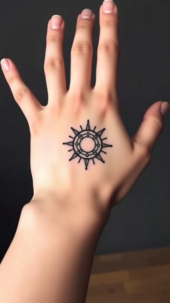 A hand with a micro zodiac starburst tattoo on the palm.