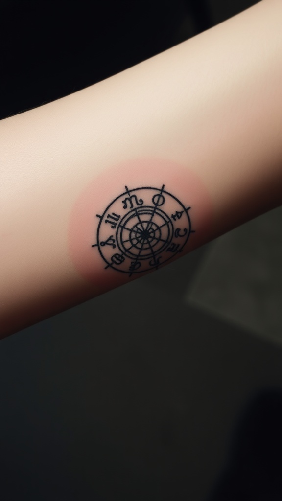 A micro tattoo of a zodiac wheel on an arm.