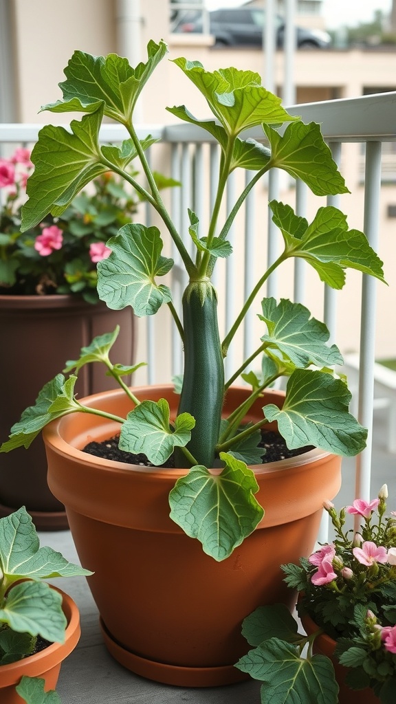 A healthy zucchini plant in a pot on a balcony with pink flowers nearby.