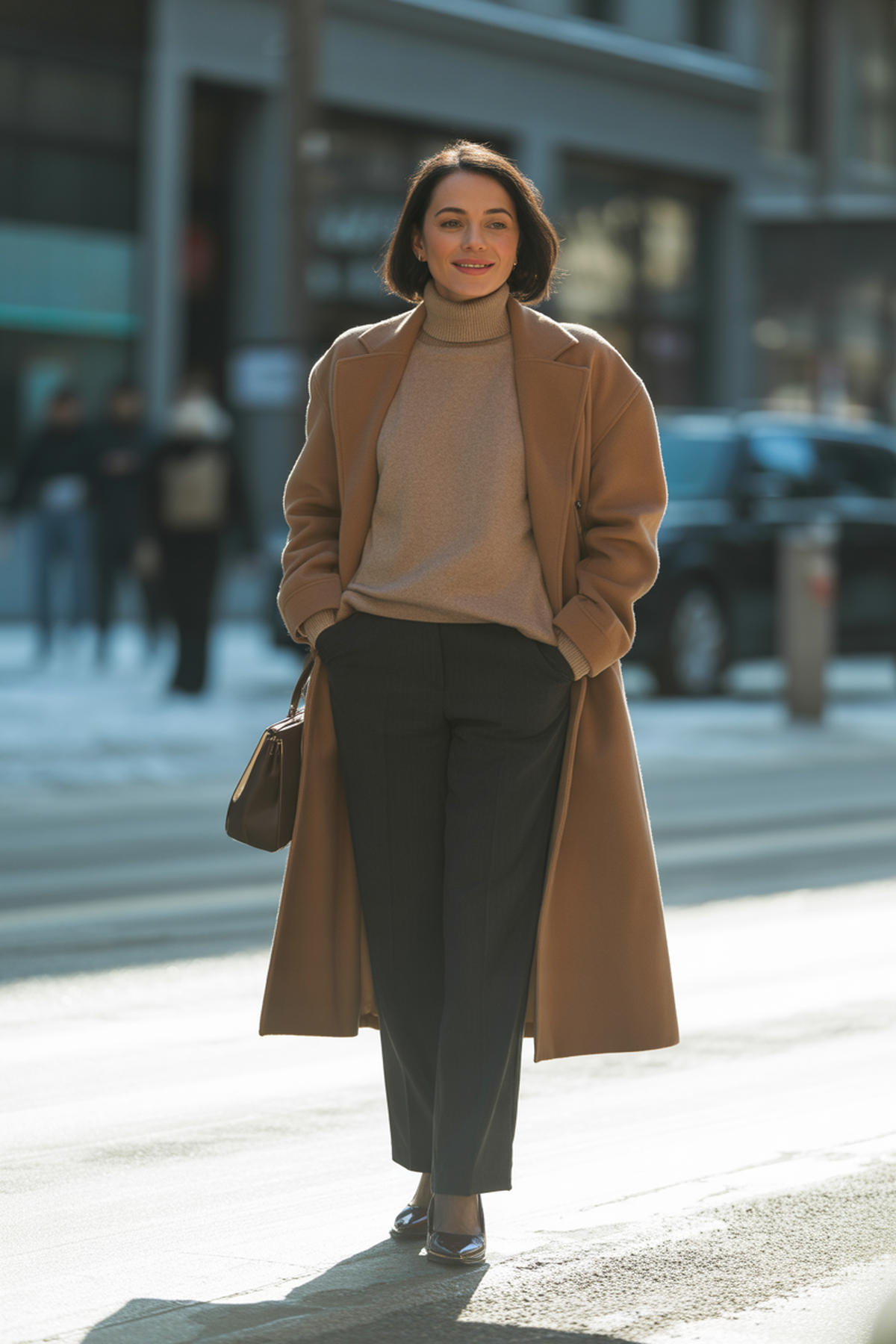 cozy winter coat outfit ideas classic wool coat paired with turtleneck sweater