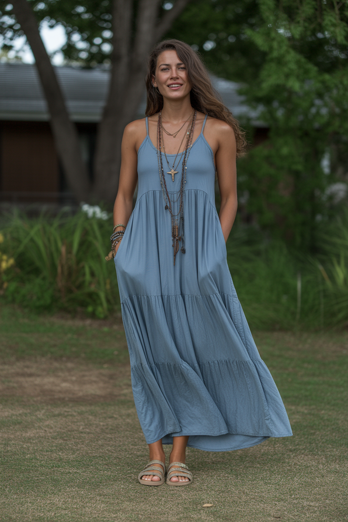 effortless boho chic outfits flowing maxi dress with layered necklaces